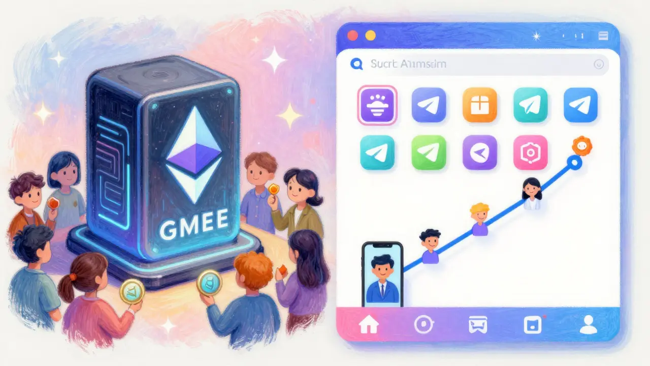 A pastel-style split scene showing GMEE on Ethereum and WATCoin on Telegram, with users joining.