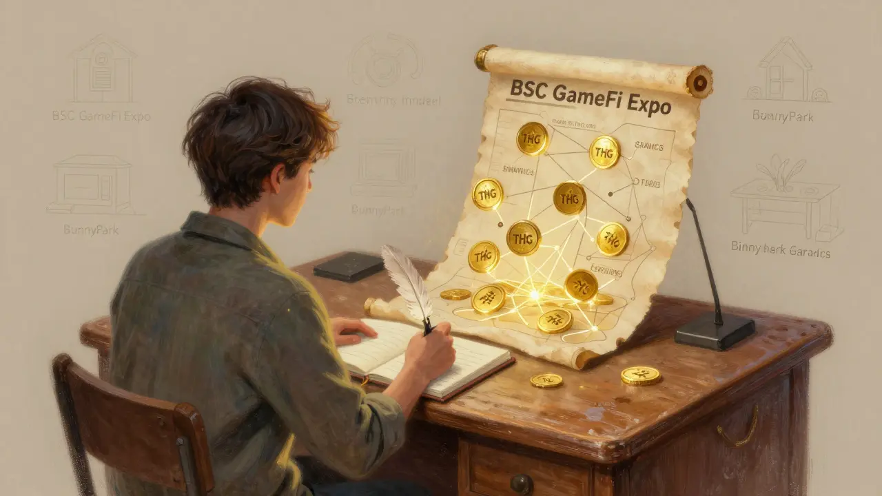 A person at a desk with a parchment scroll of THG tokens floating into a BSC network map, in soft pastel style.