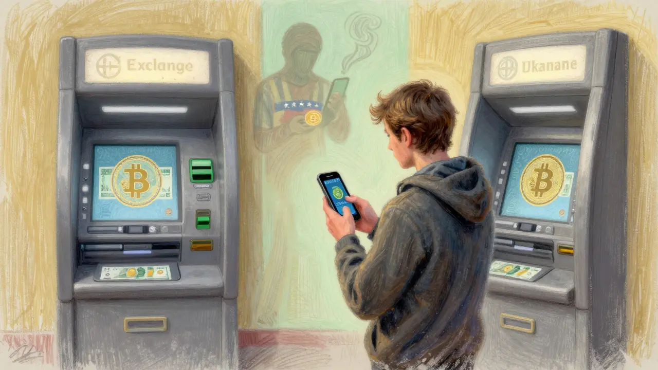 A person in Ukraine using a crypto ATM to withdraw local currency, with a faint figure in Venezuela sending crypto in the distance.