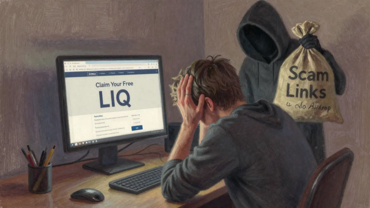 A person stares at a phishing screen while shadowy figures hold sacks labeled 'Scam Links' and 'No Airdrop' in twilight tones.