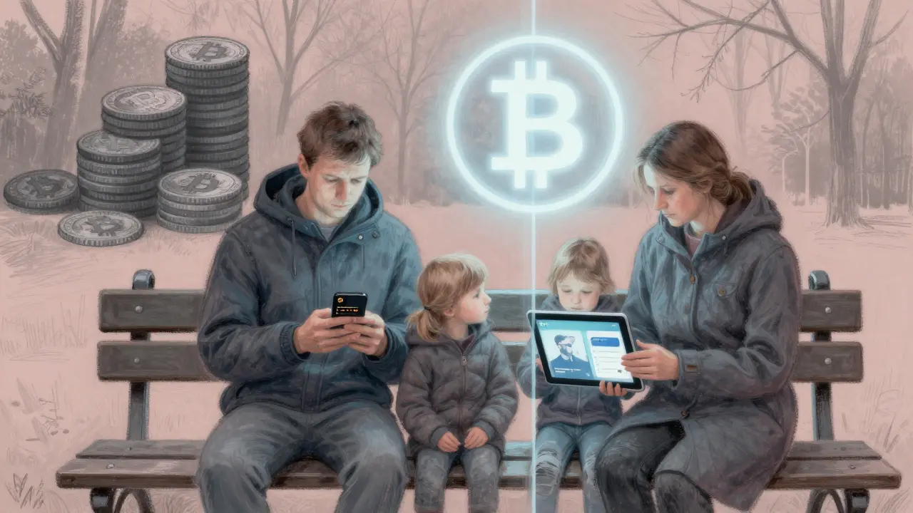 A Russian family divided by crypto and digital ruble interfaces, symbolizing state control versus personal finance.
