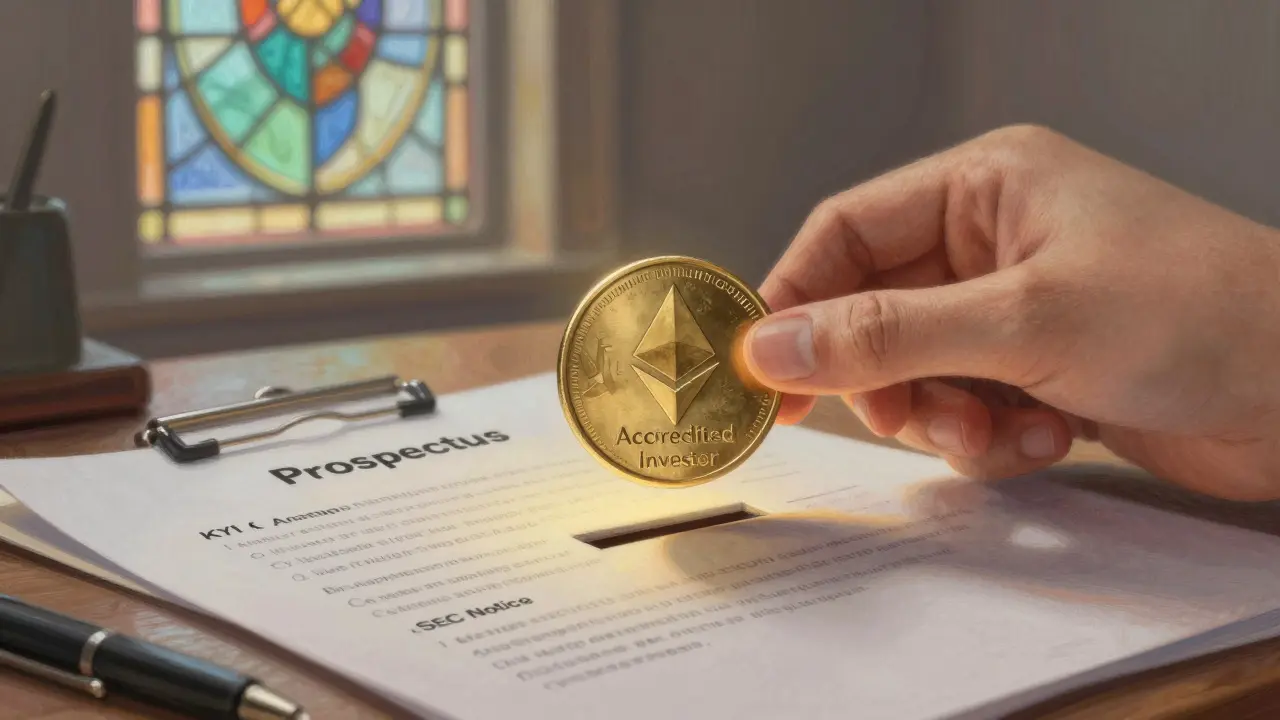 A security token above legal documents, with a smart contract glowing like stained glass and an accredited investor coin being placed in a slot.