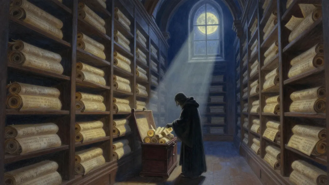 A shadowy figure collecting blockchain transaction records in a quiet, moonlit library.