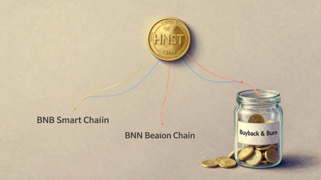 A single HNST token connected by pastel ribbons to three blockchains, with a buyback and burn jar dissolving tokens.