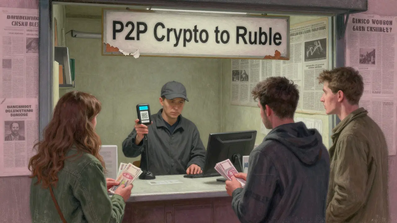 A small crypto-to-cash exchange office with peeling sign, one worker and two anxious customers.