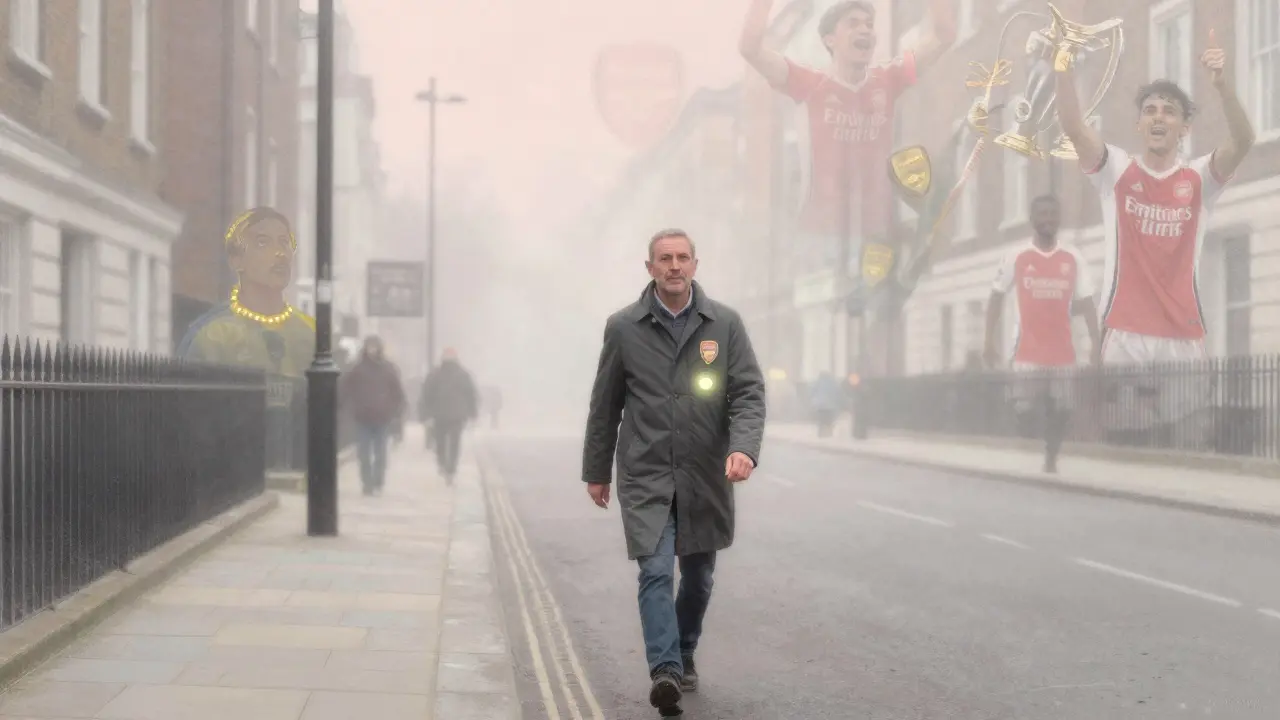 A supporter walks at dawn, faint Arsenal memories glowing around them in pastel tones.