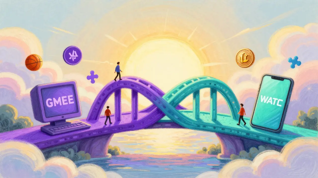 A symbolic bridge connecting GMEE and WATCoin tokens, with players walking across toward a sunrise.