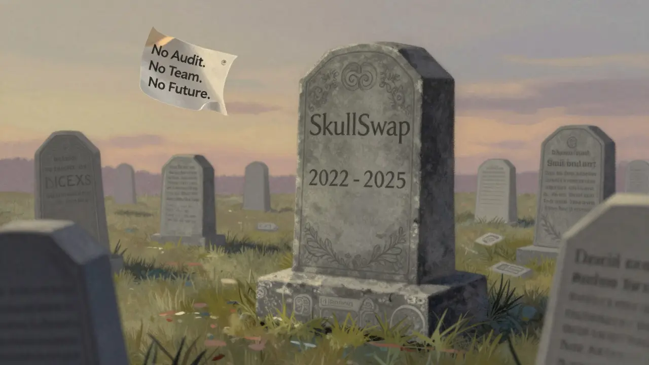 A tombstone for SkullSwap in a digital graveyard, with a note reading 'No Audit. No Team. No Future.'