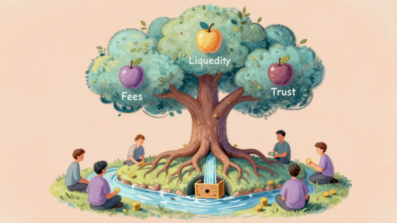 A tree with blockchain roots bears fruit labeled 'Fees' and 'Trust' under a calm sky.