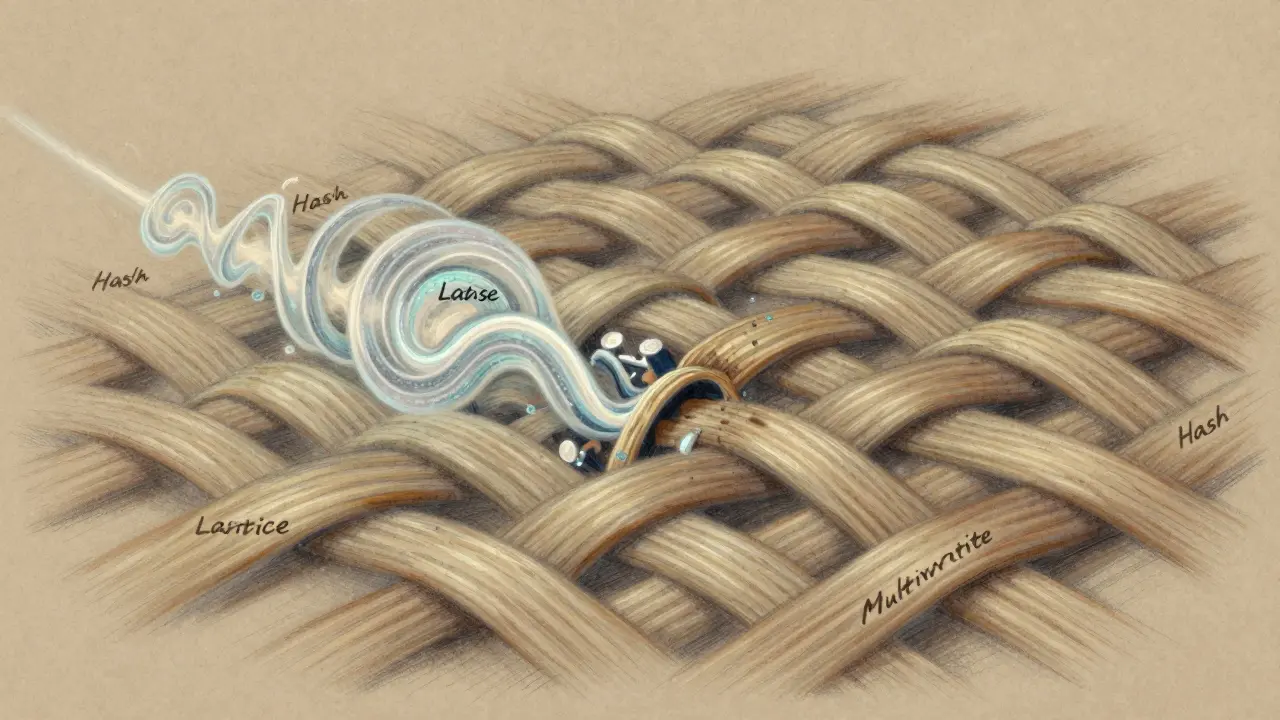 A woven tapestry of blockchain threads unraveling as a quantum wave passes through.