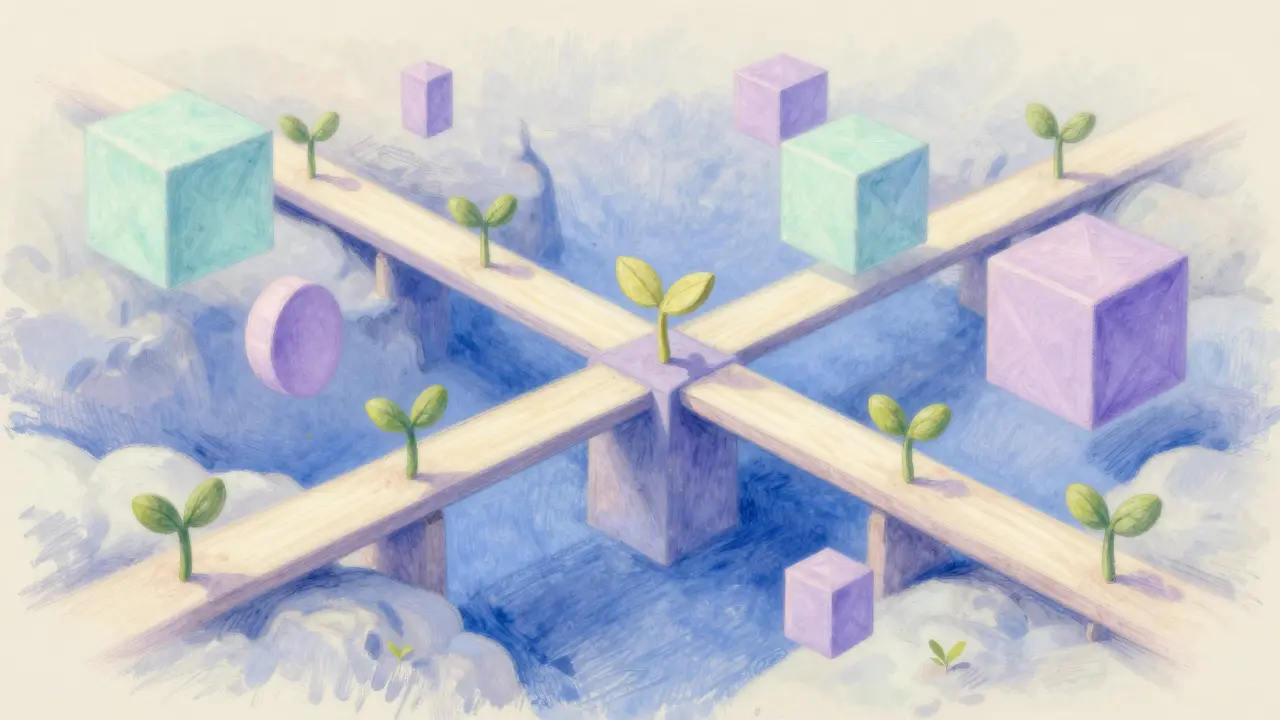 Abstract bridges and seedlings representing growth