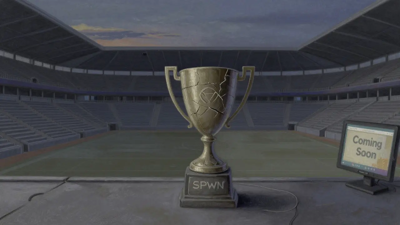 An empty esports arena with a cracked trophy and a monitor showing 'Coming Soon' in soft twilight.