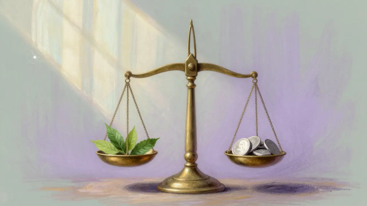 Brass scales balancing leaves and coins under sunlight