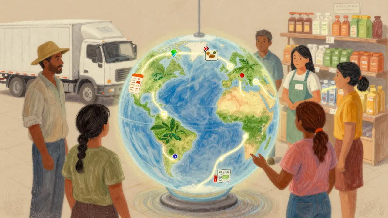 Diverse people around a globe showing food journeys from farm to shelf, all rendered in gentle pastel tones.
