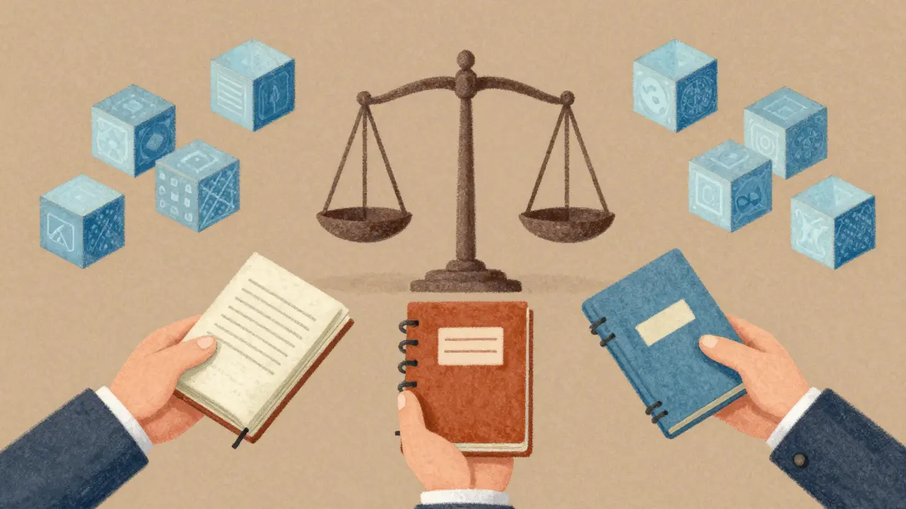 Hands exchanging ledgers near scales, pastel style.