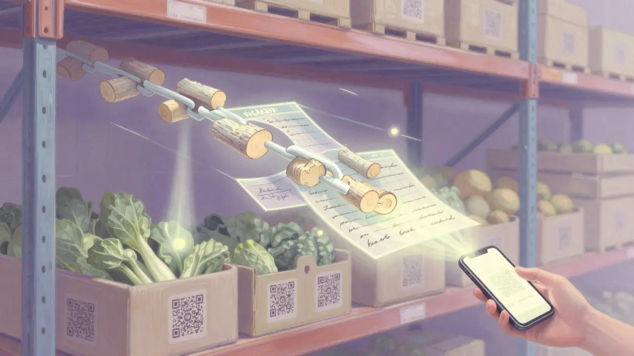 Handwritten food logs fading into a glowing blockchain ledger above grocery shelves, lit by soft pastel rays.