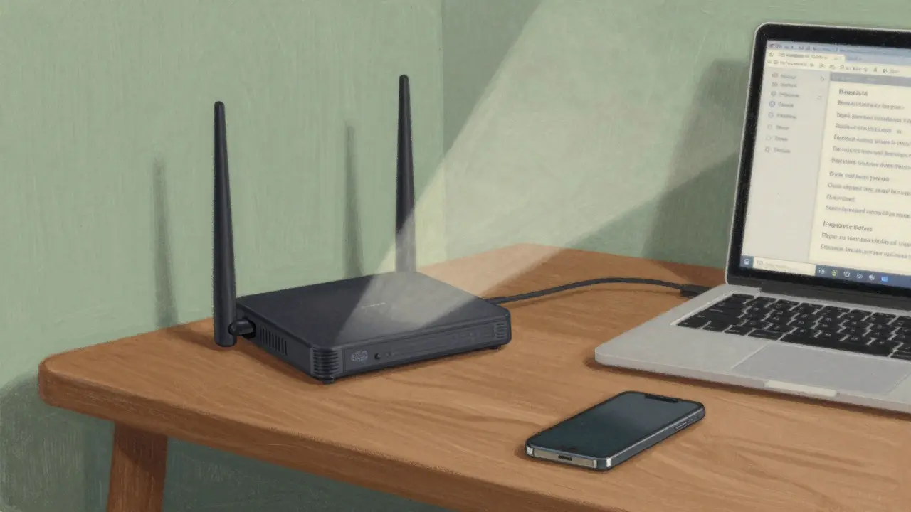 Home router broadcasting wireless signals on a desk