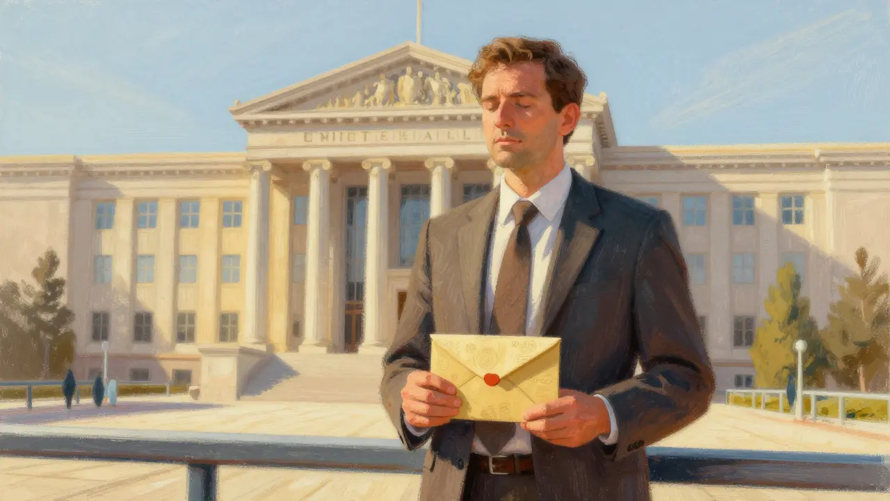 Investor receiving asset refund with confidence near a bank