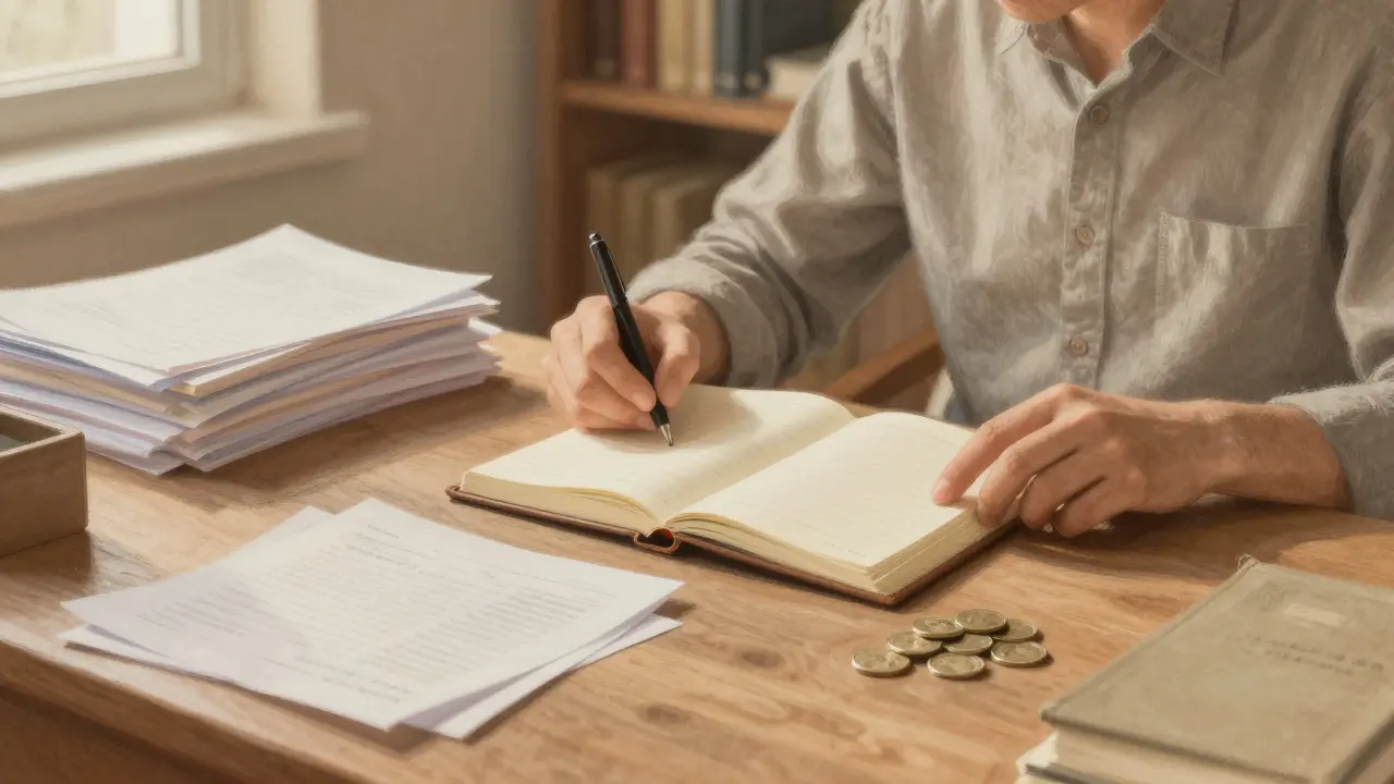 Organized desk with ledger and coins, pastel.