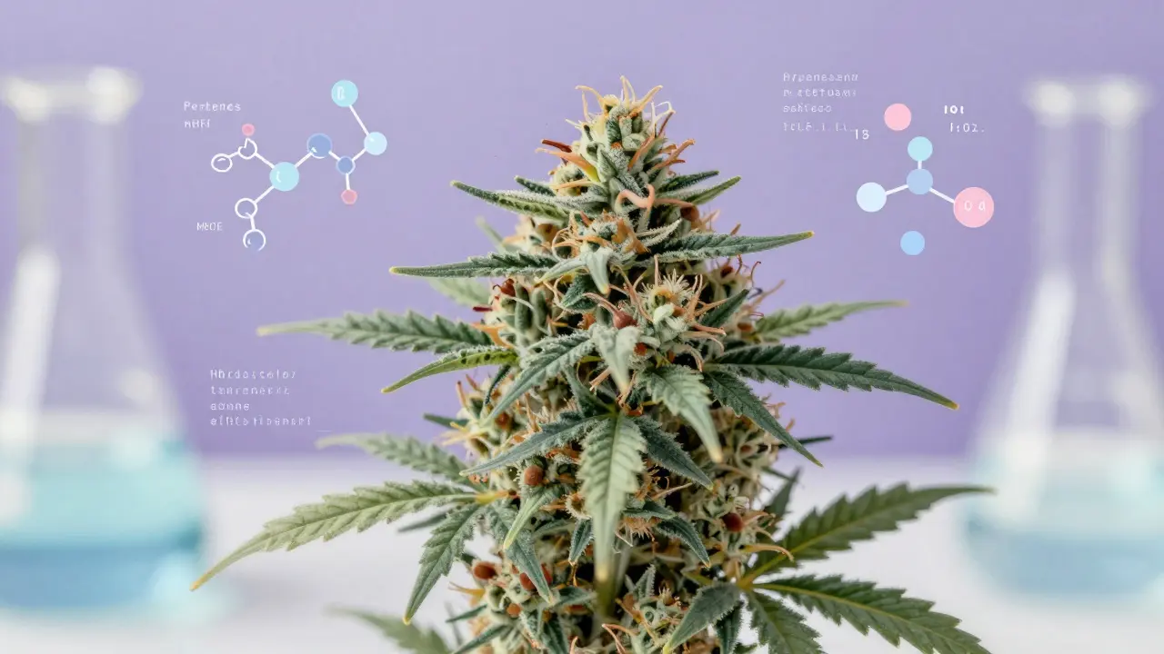 Pastel illustration of cannabis flower with floating molecular data structures.
