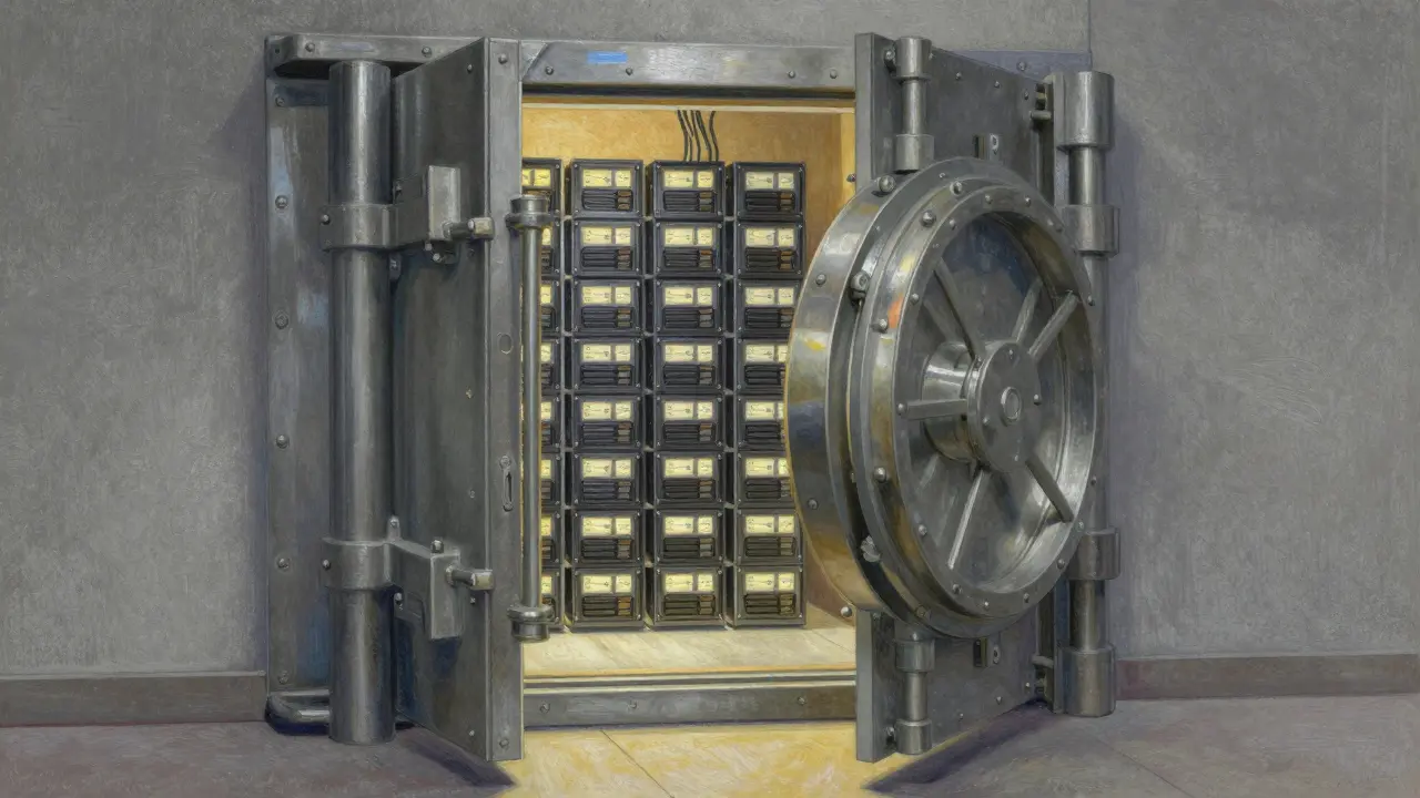 Secure vault containing glowing offline digital asset storage units