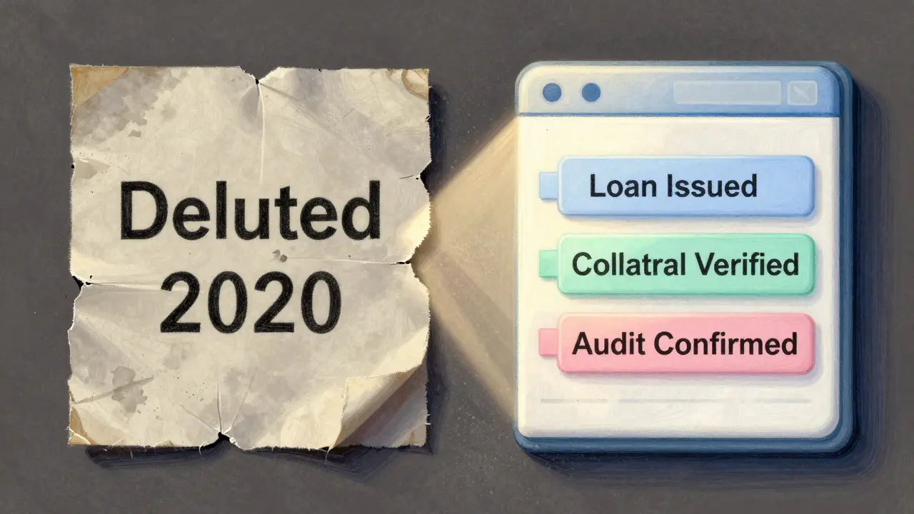 Split scene: crumbling paper file versus glowing blockchain ledger, illuminated by sunlight to show contrast in record permanence.