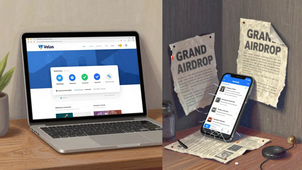 Split scene: official Velas website on one side, phishing scams on the other, depicted in gentle pastel art.