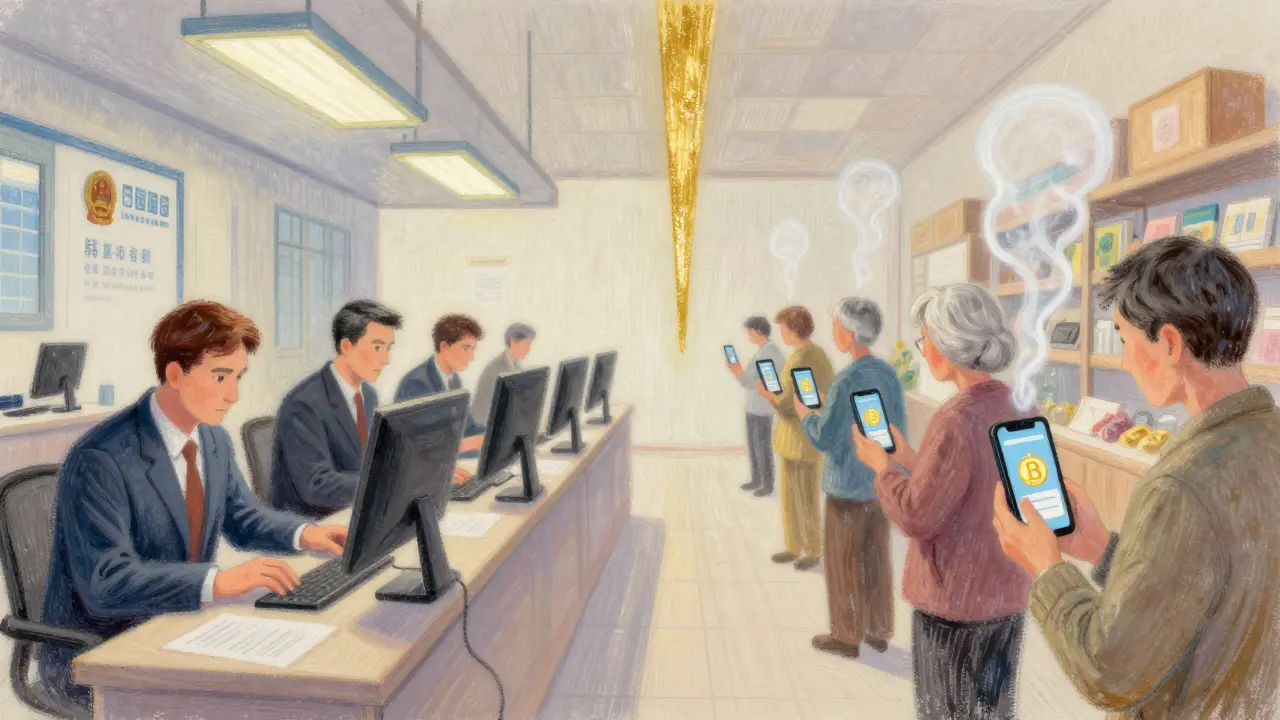 Split scene: officials monitoring digital ledgers vs. ordinary citizens facing blocked transactions, pastel tones.