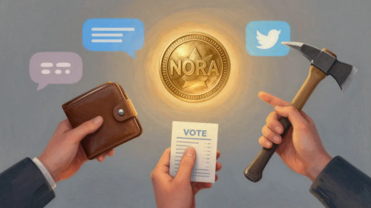 Three hands reaching for a glowing NORA token, symbolizing wallet holding, voting, and mining in a soft pastel scene.