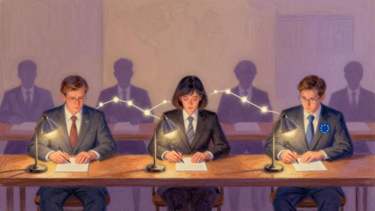 Three investor groups at separate tables, connected by a glowing blockchain line, under the quiet observation of regulators.