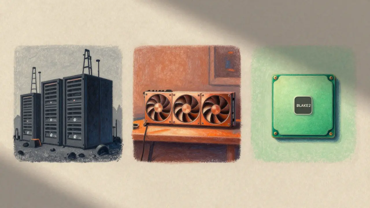 Three mining setups: industrial farm, GPU workstation, efficient processor