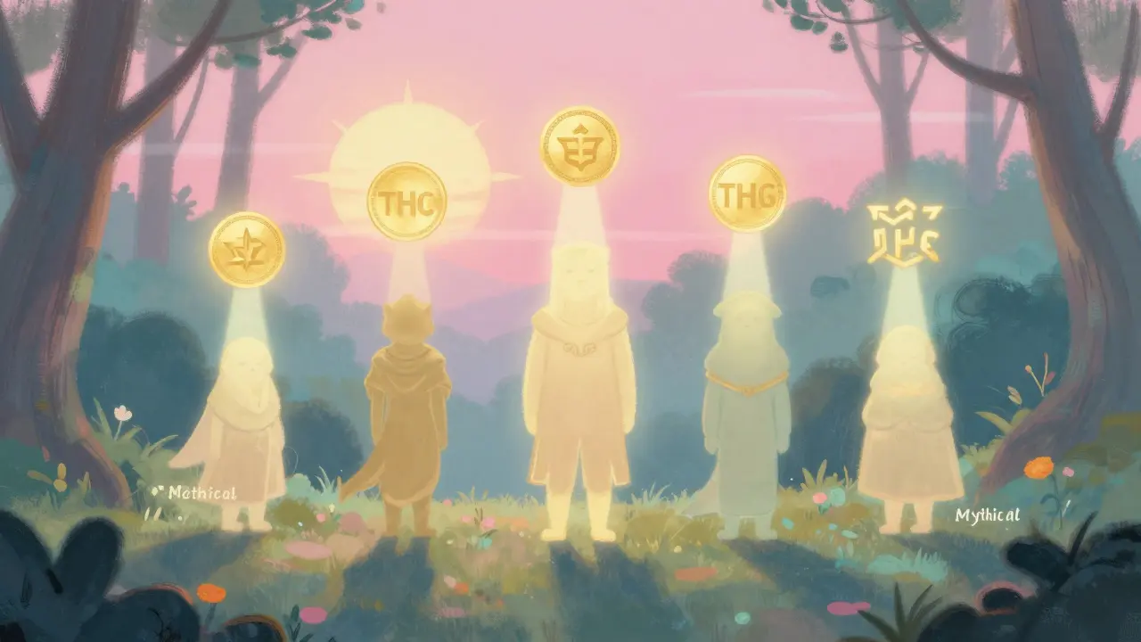 Three NFT heroes in a quiet digital forest emitting THC and THG tokens under a soft sunrise, rendered in pastel tones.