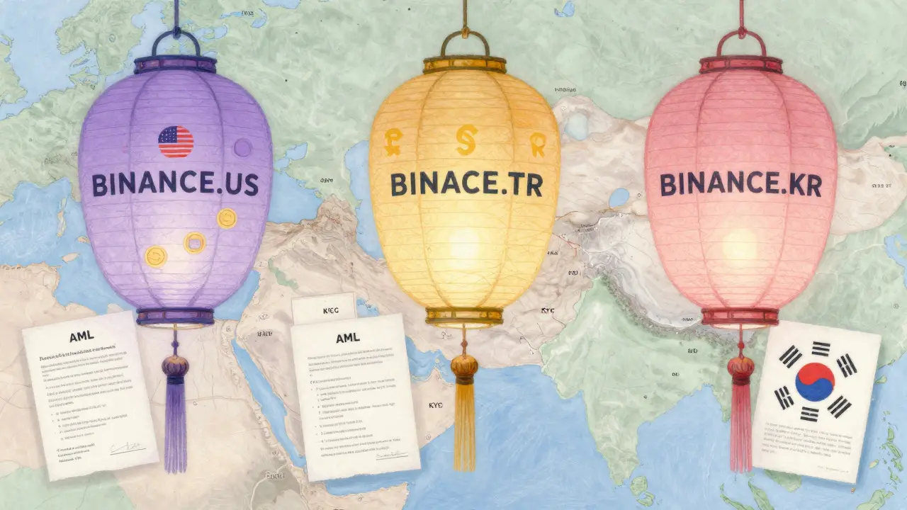 Three regional Binance versions depicted as glowing lanterns above their respective countries, each with unique regulatory symbols.