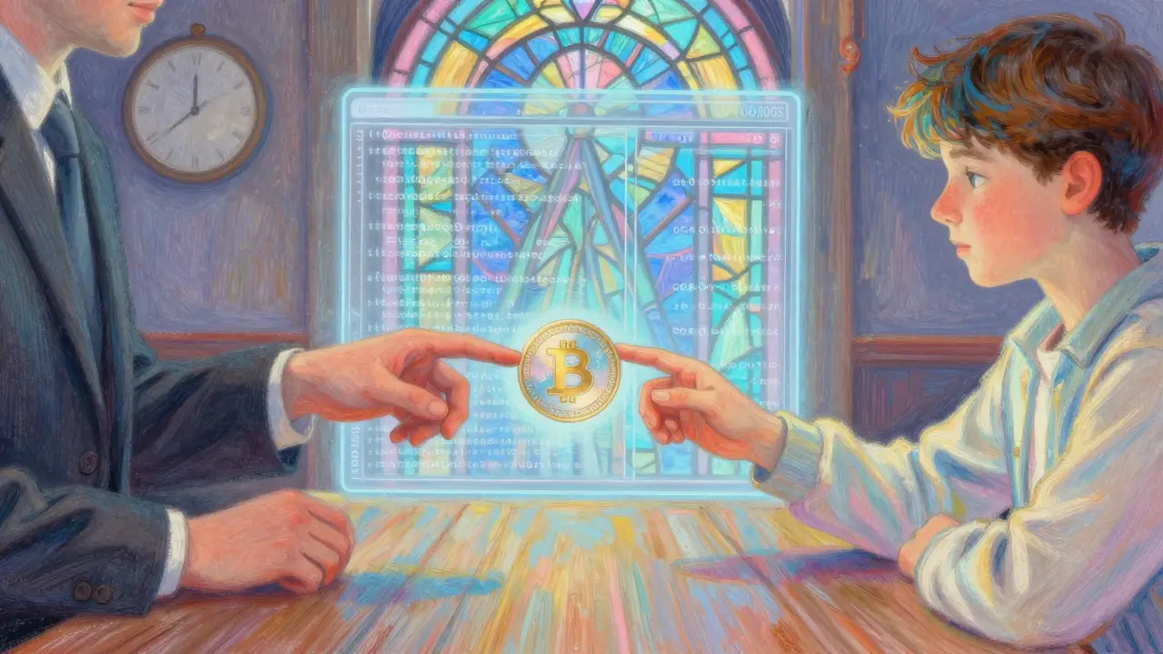 Two hands touching a shared tokenized bond, with a glowing blockchain ledger behind them in stained-glass style.