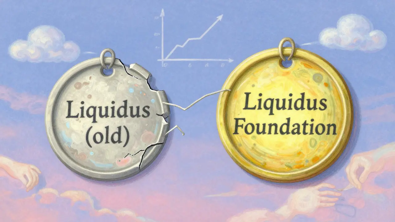 Two tokens float in a pastel sky — one crumbling, one solid — connected by a broken thread as graphs fade into clouds.