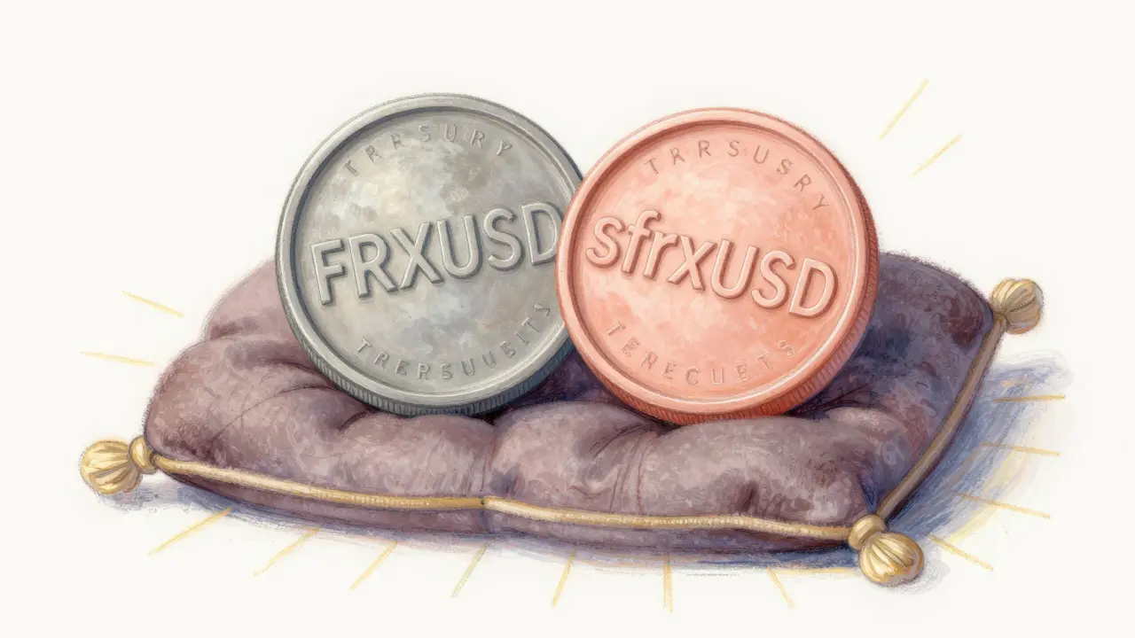 Two tokens, FRXUSD and sfrxUSD, resting on U.S. Treasury securities with a soft golden glow of yield.
