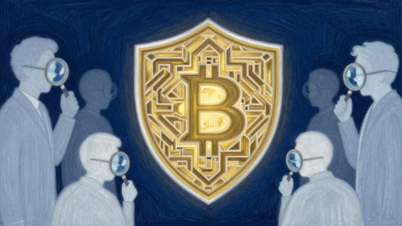 A golden geometric shield protecting a data core, representing blockchain security audits.