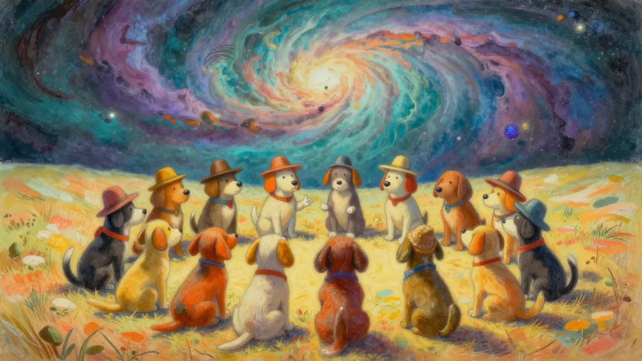 A group of dogs with hats gathering under a colorful nebula in pastel