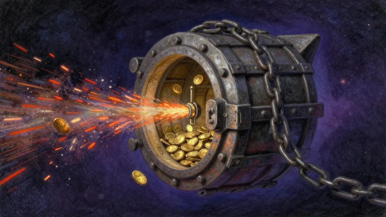 A locked cosmic vault with burning gold coins in a pastel drawing