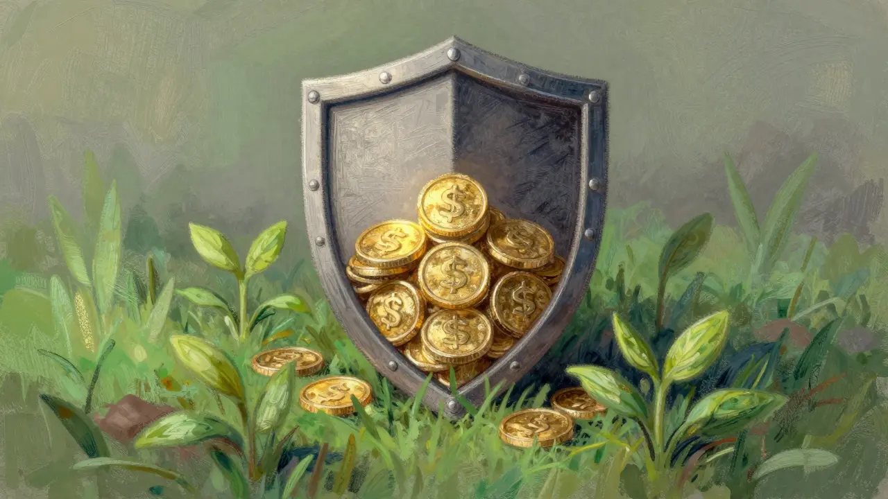 A shield protecting gold coins with growing plants symbolizing staking and security in pastel