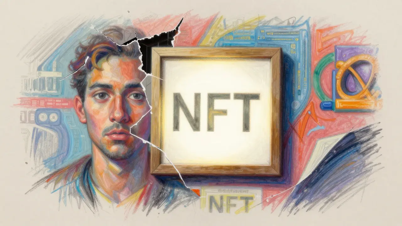 An NFT piece being lifted from a collaborative mural in a pastel drawing