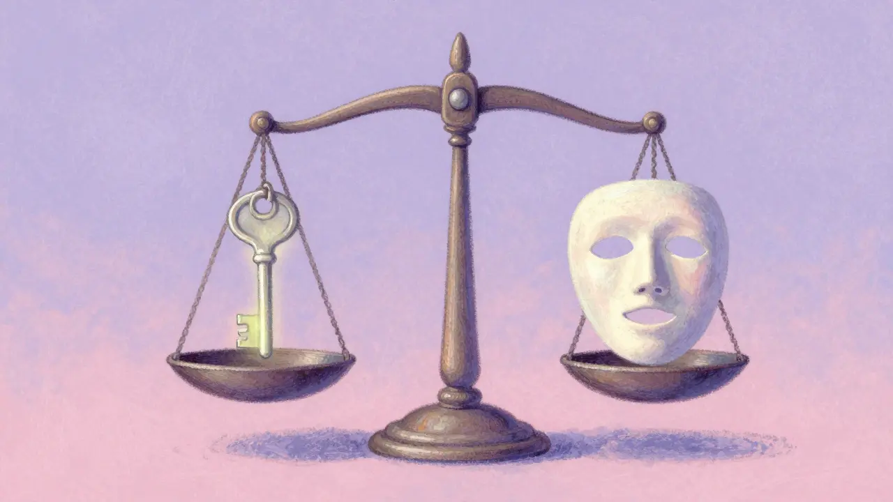 Balance scale weighing a glowing key against a privacy mask