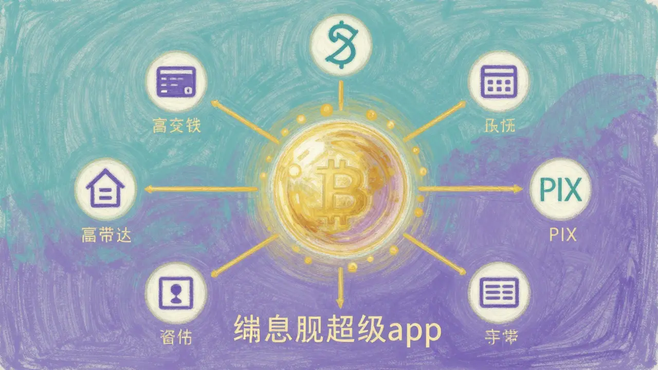 Conceptual pastel art showing a financial hub connecting digital credit and PIX payments