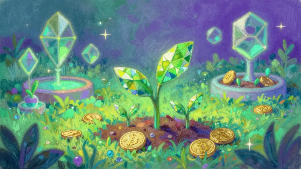Crystalline tokens growing in a neon digital garden symbolizing yield farming.