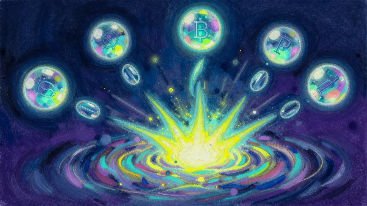 Iridescent spheres flowing into a glowing vortex representing crypto qualification in pastel