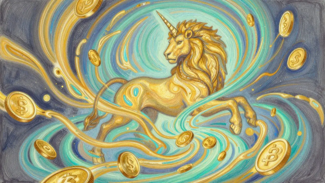 Mythical leonicorn surrounded by flowing energy of a liquidity pool
