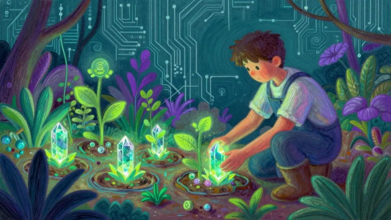 Pastel art of a gardener planting glowing digital tokens in a futuristic garden