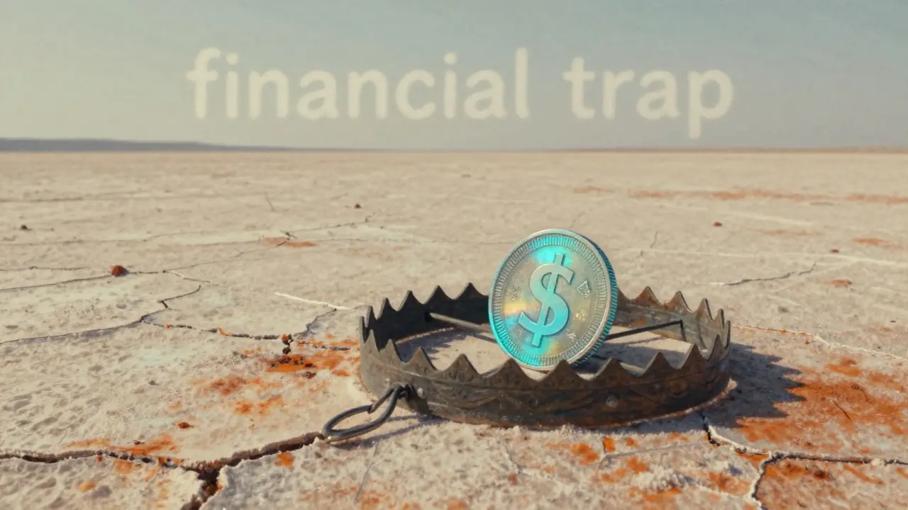 Pastel art of a holographic coin as bait in an iron trap on a cracked wasteland.