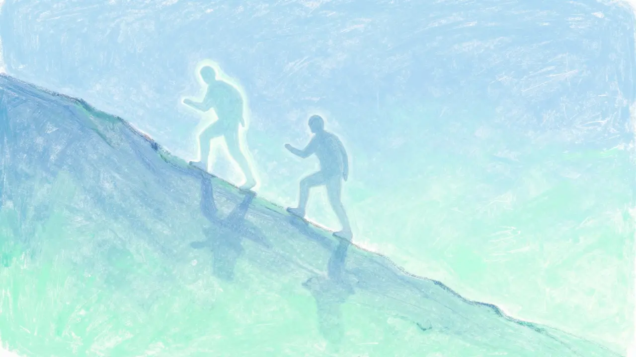 Pastel art of a shadow following a climber up a mountain path