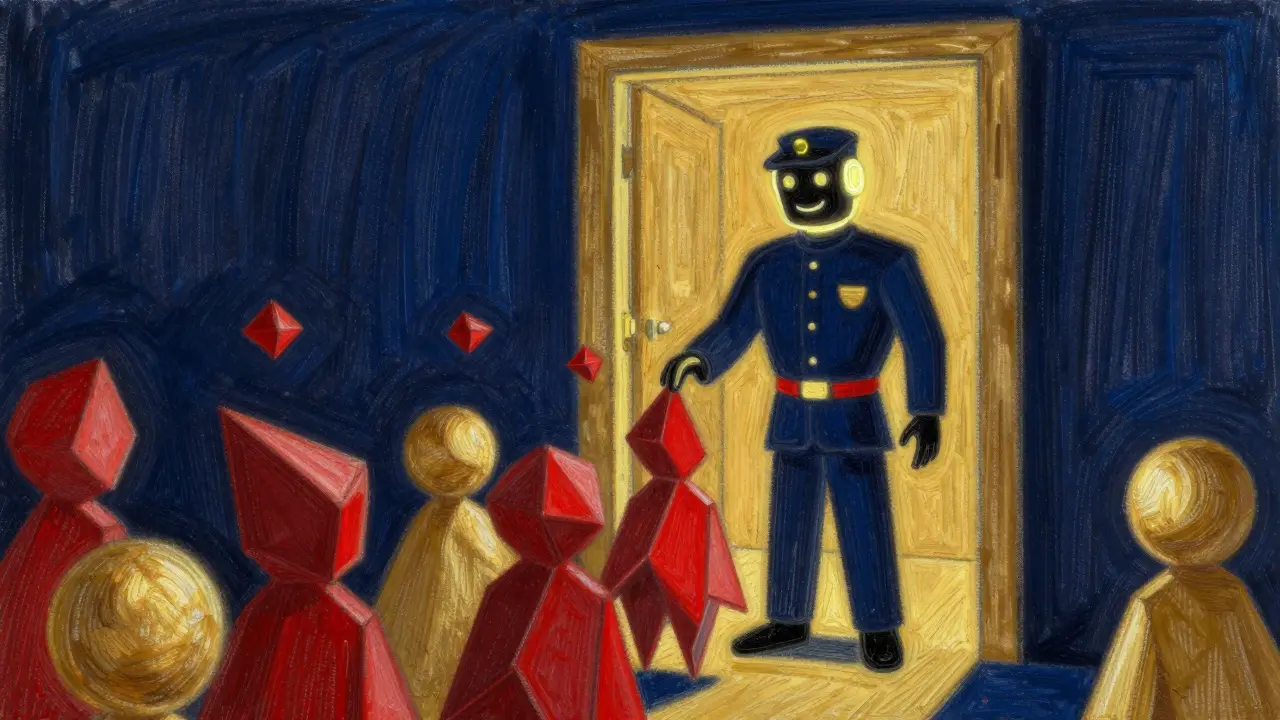 Pastel art of an AI bouncer filtering bots from human users at a golden portal